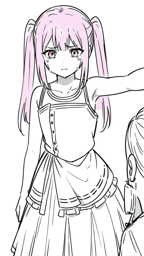 (1girl,12 years old,solo),pink hair,long hair,twintail,(medusa hair),simple dress,sleeveless,(white background,line drawing),sad,crying,kabedon pov