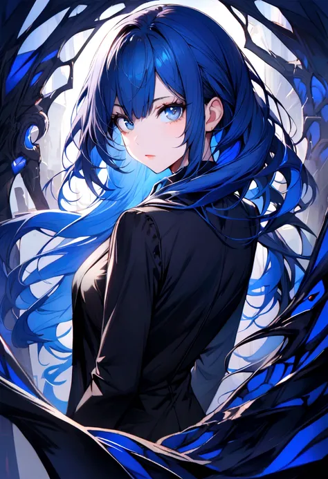 (Highest quality)(1 woman,single,blue long hair,blue eyes ,Black suit shirt,Turn to look at the viewer,stand with guardian) look back