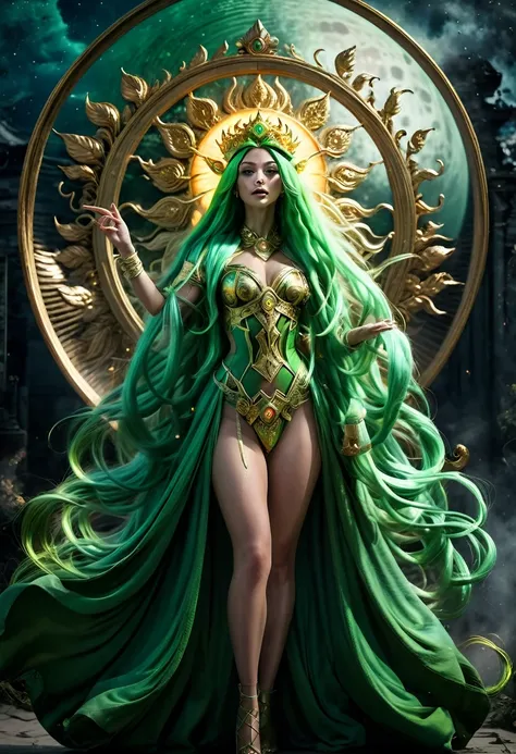 a tall lady goddess in perfect body, perfect face, perfect body, third eye in front-head, royal regalia-cloak, very long-green-neon hair, blowing hair, medusa head, one hand pointing the sky,high pose, tall legs,  high heels, chakra-golden rays surrounded,...