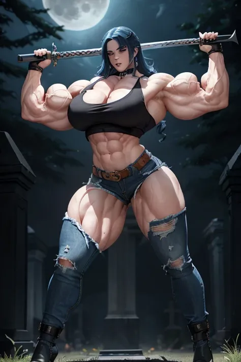 ((((Massive, beautiful, pale white skinned, buff, muscular female vampire slayer with royal blue hair, black lipstick, ginormous bulky muscles, brandishing a sword and wearing a tight tank top and tight denim pants)))), (close view), (massive muscles), mas...