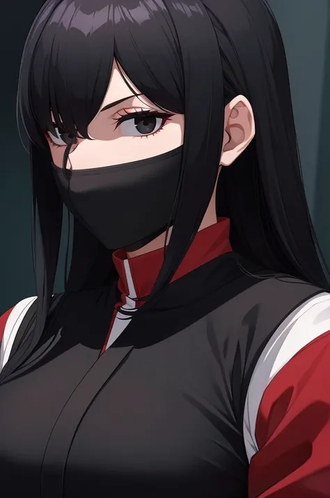 masterpiece, (solo), absurdres, portrait, ((upper body)), ((close up)), detailed background, fine detail, HDR, female, black hair, long hair, black eyes,  black and red ninja uniform, white shirt, hair over one eye, neutral expression