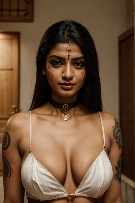 indian woman, choker, (sexy), cleavage, traditional dress, tattoos, hd photo, (((realistic))), face paint