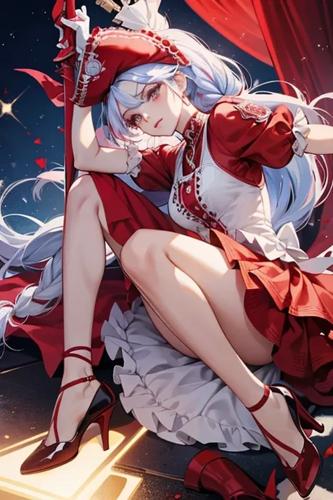 SHE IS A pirate. She wears rose red clothing, white gloves and what seems to be cherry red heels. She has a stereotypical rose red pirate hat with a white skull on it. She also has cyan hair tied up into low braids and wields a sword. SPARKLE; GLITTE