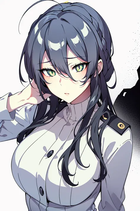 (masterpiece, best quality, ultra high quality:1.1), ((portrait)), 1girl, solo, mature with long hair, black hair, straight hair, blunt bangs, ((light yellow eyes, white pupils)), ((white pupils)), neutral, innexpressive, sad, naval uniform with red highli...