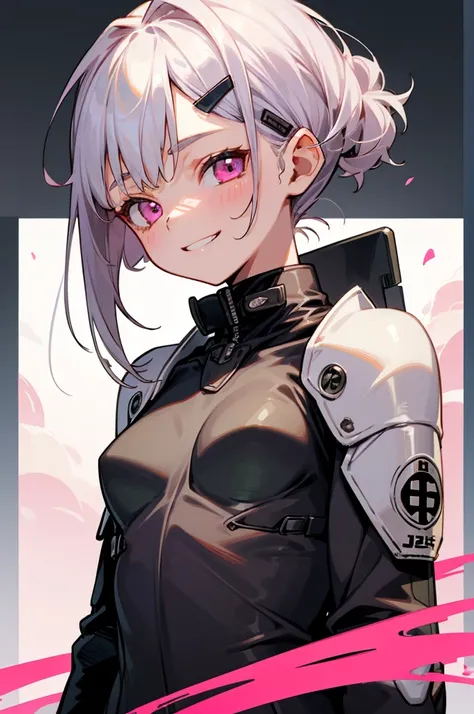 １girl、16 year old girl、riders jacket、small breasts、Silver hair and short bob hairstyle、Tie your hair up with a hair clip、Beautiful pink eyes、grin、blue and orange tones、upper body close-up
