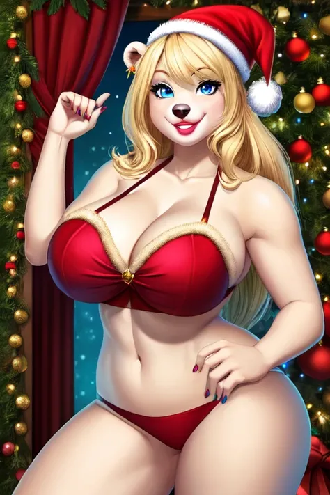 Blonde polar bear woman, wearing a Christmas biikini, perfect face, blue eyes, big breasts, cleavage, front view, solo, smile, perfect detailed body, pink lipstick, gold earring,