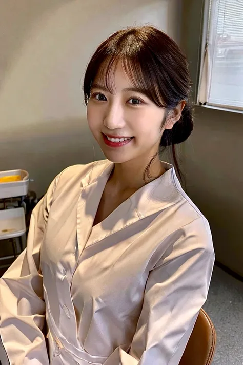 Photo of an attractive female dental hygienist in uniform。In the background is a dentist&#39;s chair and instruments。A beautiful Japanese woman smiles with a cute smile、Roll up her blouse。Her ample and beautiful breasts were revealed.、Light-colored areola ...