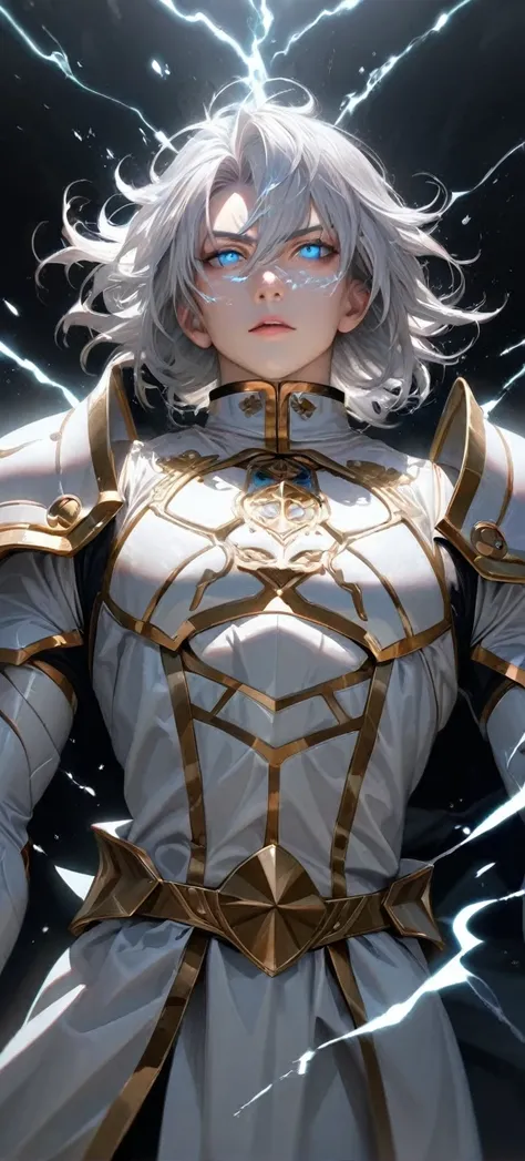  High quality, ultra realistic,absurdres, highres, ultra detailed, HDR, masterpiece, extremely detailed face and eyes,  Sagitarius Seiya, Saint Saiya , White Shinning Angel white Armor, solo, white hair,man, handsome, ,white eyeleshes, blue eyes , angel ex...