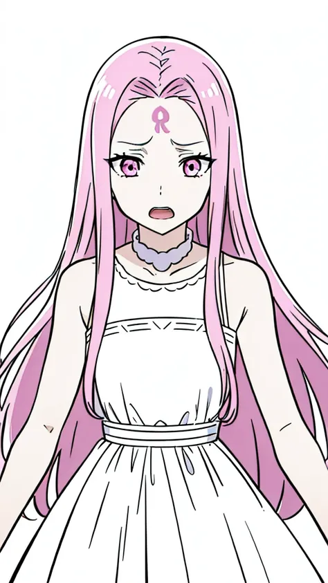 (1girl,12 years old,solo),pink hair,extra long hair,(medusa hair),simple dress,sleeveless,(white background,line drawing),sad,kabedon pov,open mouth