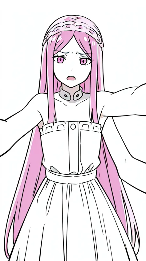 (1girl,12 years old,solo),pink hair,extra long hair,(medusa hair),simple dress,sleeveless,(white background,line drawing),sad,kabedon pov,open mouth