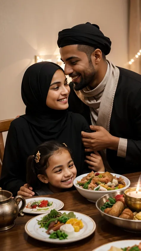 
A happy smiling Muslim family, sitting together around a dining table filled with various dishes. Father, mother, and their two children sat close together with warm and affectionate expressions. They looked at each other with happiness, reflecting the st...