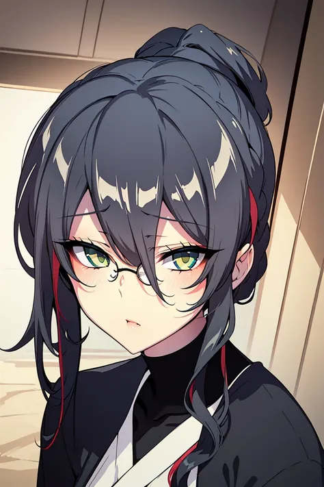 ((4k,masterpiece,best quality)), 1girl, adult, adult woman, solo, black hair with red highlights, yellow eyes, look at viewer, naval uniform, glasses, bags under eyes, tired, medium hair, serious