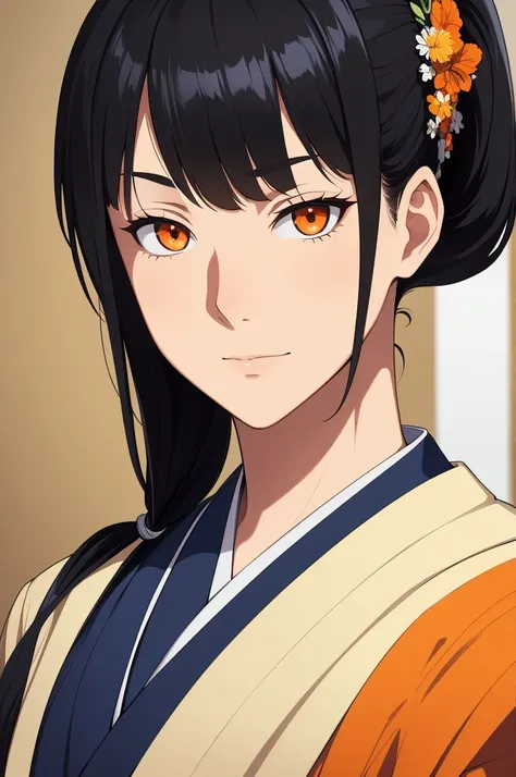 masterpiece, (solo), absurdres, portrait, ((upper body)), ((close up)), detailed background, fine detail, HDR, male, black hair, long hair, ponytail, orange eyes, blue and white kimono, confident expression 