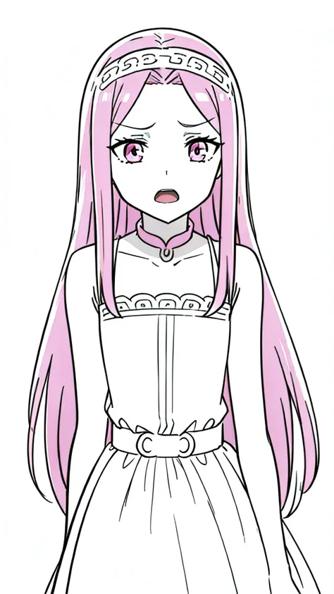 (1girl,12 years old,solo),pink hair,extra long hair,(medusa hair),simple dress,sleeveless,(white background,line drawing),sad,kabedon pov,open mouth