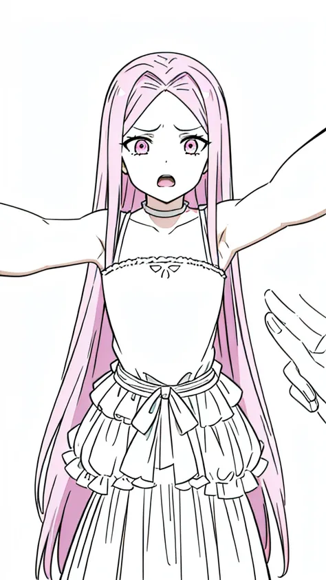 (1girl,12 years old,solo),pink hair,extra long hair,(medusa hair),simple dress,sleeveless,(white background,line drawing),sad,kabedon pov,open mouth