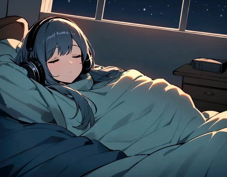 A girl, Sleep lying down, Wearing a big sweater, Put on your headphones, Cover your legs with a blanket, commend, calm, calm atmosphere, In her room looking out the window, Cool, night, quiet night, masterpiece, best quality