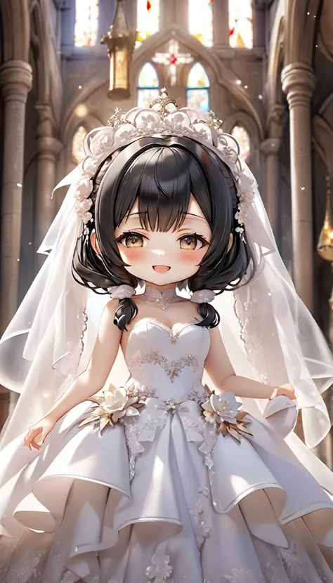 (nendoroid:2) (June Bride style) (15 yo, solo) ((blunt bangs)) black hair long hair sexy girl, sexy closed eyes, love smile) ((makeup, rozy mouth)) (in a sexy bride A stunning silk:1.3 wedding dress), (in the divine Chapel), BREAK, perfect anatomy, masterp...