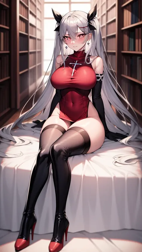 absurdly long hair, ankle length hair, silver hair, large breasts, slim waist, wide hips, (perfect body proportions), slim legs, micro skirt, rin tohsaka, rainbow eyes, (x shaped pupils), thigh high socks, garters, sitting, library, gemstone necklace, high...