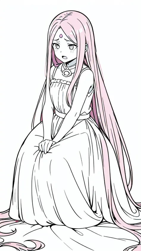 (1girl,12 years old,solo),pink hair,extra long hair,(medusa hair),simple dress,sleeveless,(white background,line drawing),sad,kneeling,open mouth