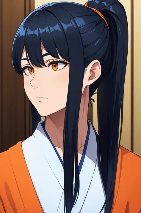 masterpiece, (solo), absurdres, portrait, ((upper body)), ((close up)), detailed background, fine detail, HDR, male, black and blue hair, long hair, ponytail, orange eyes, blue and white kimono, confident expression 