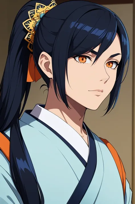 masterpiece, (solo), absurdres, portrait, ((upper body)), ((close up)), detailed background, fine detail, HDR, male, black and blue hair, long hair, ponytail, orange eyes, blue and white kimono, confident expression 