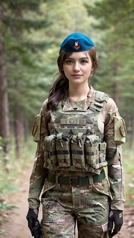 front view, full body,  looking at viewer,  1 female is Denmark princess, White girl ,Age: 20 age-old,  blond hair,  chignon, detailed blue eye,little smile,((( Denmark military camouflaged uniform set:1.3))),  camouflaged glove, green beret, armed with 2 ...