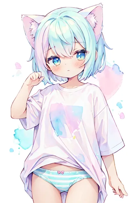 (pastel color:1.5), (watercolor:1.2), 1 girl, (cute), whole body, cat ears, short hair, baggy white t-shirt, striped panties, blush, white background