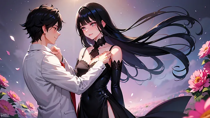 A boy and a girl, 1 woman (She has long black hair), Lovers，Eye contact，1 man (he has short black hair).wearing a formal dress， Anime style,Delicate facial features，Beautiful eyes，Expression smile，Delicate facial features，Pretty Face，daytime， Standing in a...