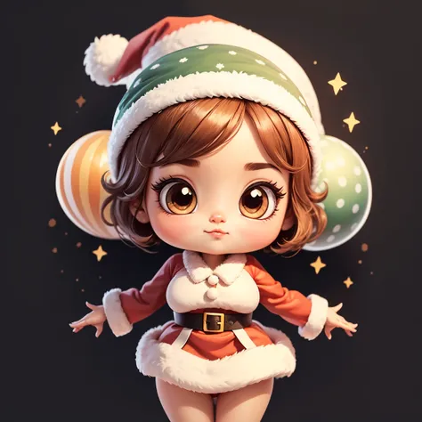 （（（A sticker）））。High quality design vector style image,Happy wearing Santa hat，Big eyes and short hair，Lovely big breasts，Clean black background, Professional Vector, High Detail,