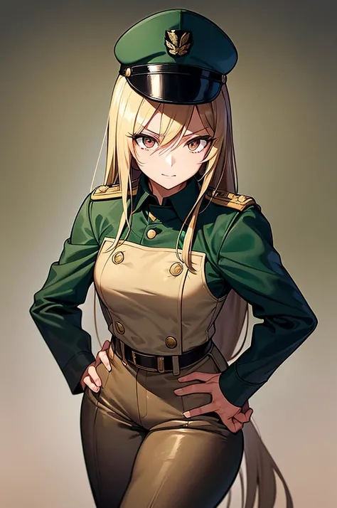 Content:
An anime woman in a military uniform. She has dark brown eyes, tanned skin, blonde hair that ends halfway down her back, and military boots. Her military uniform has themes of brown to reflect the desert background, and she carries binoculars. Her...