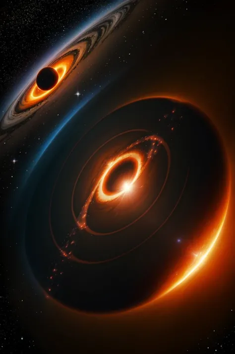 A orange black hole in the distance in space with a water planet next to the orange black hole and nebulas behind the orange black hole