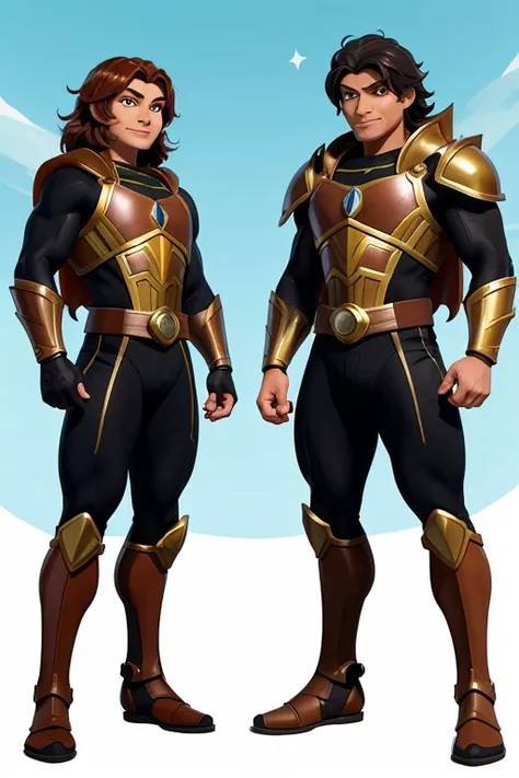 create a sci-fi animated character of a tan-skinned boy with wavy hair and large muscles, with medieval style armor that has a scorpion style, con unos antifaces, and with an animation style similar to the characters of the series called "Miraculous: las a...