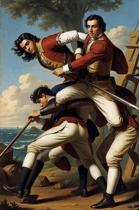 Two young men from colonial times fighting, one on top hitting the other