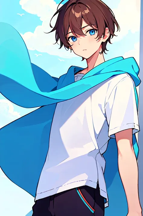 [(WHITE BACKGROUND:1.5),::5], (((masterpiece))), high quality, very_high_resolution, large_filesize, full color, Solo, (1 little boy), 13 old year, (mens short brown hair), vivid color, Blue eye, summer clothes, anime style