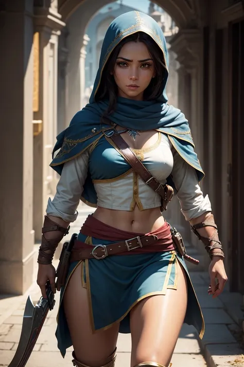 crie uma mulher, 1,78 de altura, medium thighs, medium breasts, pele parda, roupas pretas estilo assasins creed, , olhos vermelhos, cabelos pretos, golden armlets, some golden lines around the forearms, algumas tatuagens tribais em volta das coxas, a Cross...