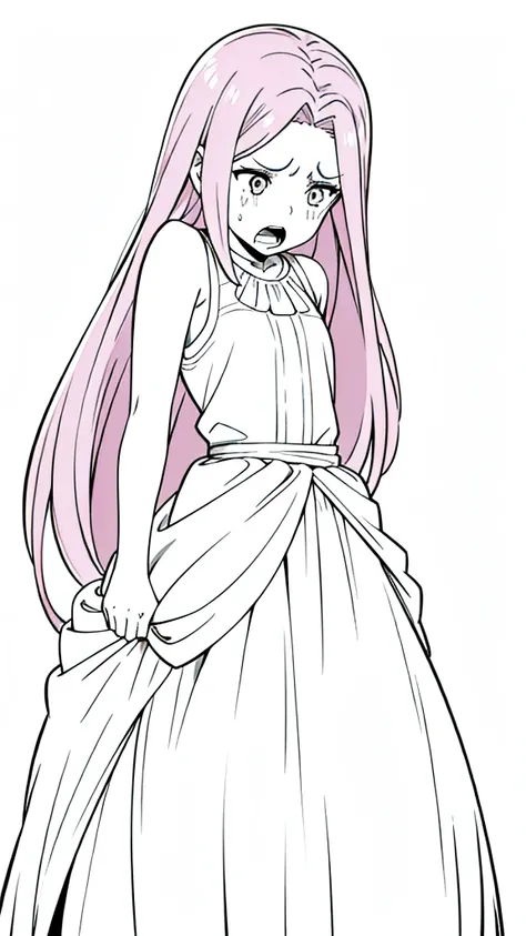 (1girl,12 years old,solo),pink hair,extra long hair,(medusa hair),simple dress,sleeveless,(white background,line drawing),((screaming, worried))