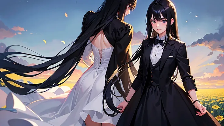 A boy and a girl, 1 woman (She has long black hair), Lovers，Eye contact，1 man (he has short black hair).wearing a formal dress， Anime style,Delicate facial features，Beautiful eyes，Expression smile，Delicate facial features，Pretty Face，daytime， Standing in a...