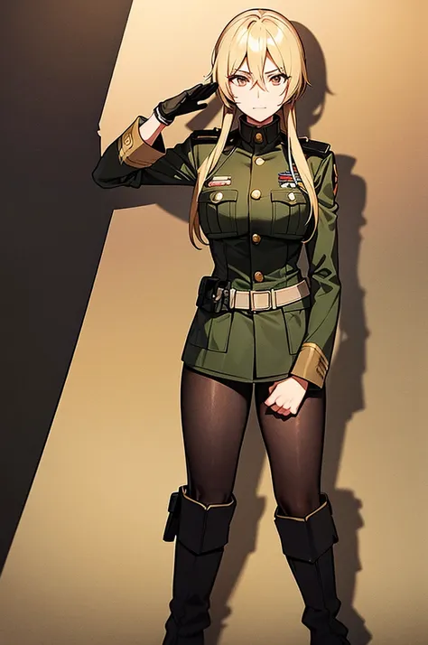 content:
an anime woman in a military uniform. she has dark brown eyes, tanned skin, blonde hair that ends halfway down her back...