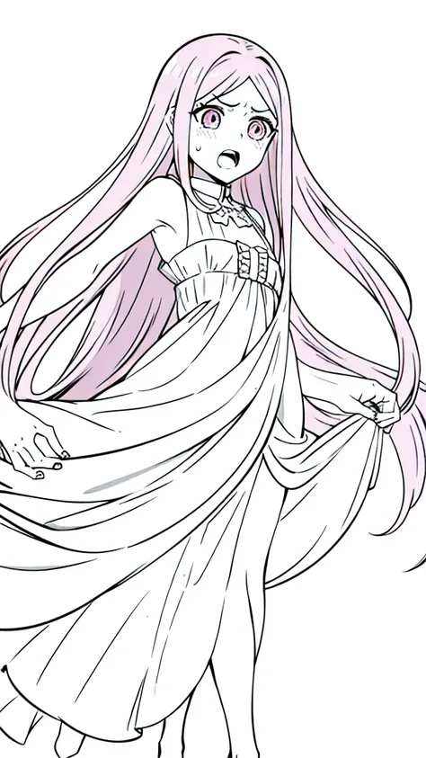 (1girl,12 years old,solo),pink hair,extra long hair,(medusa hair),simple dress,sleeveless,(white background,line drawing),(screaming, sad),running