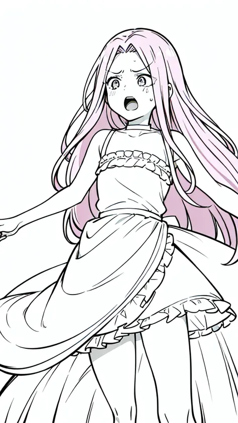 (1girl,12 years old,solo),pink hair,extra long hair,(medusa hair),simple dress,sleeveless,(white background,line drawing),(screaming, sad),running