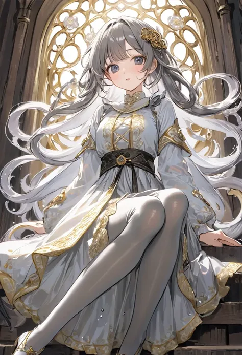 girl, Gold and silver embroidery, White pearl medieval long dress（With panniers）, Translucent fabric, Pull up the dress by hand, Strong winds, Translucent slip, Grey translucent tights, Peeking from below, Highest quality, Disorder of clothing, sit,Crotch ...