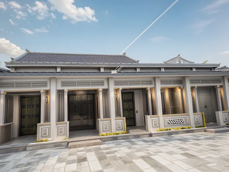 Modern architecture, xinfa aluminum glass doors, (stone wall, white paint), trần ốp gỗ, best quality, super detailed, true, expression, Gray Japanese tile roof, Yellow light temperature 4000k, The courtyard is covered with ceramic tiles, green exterior, ev...