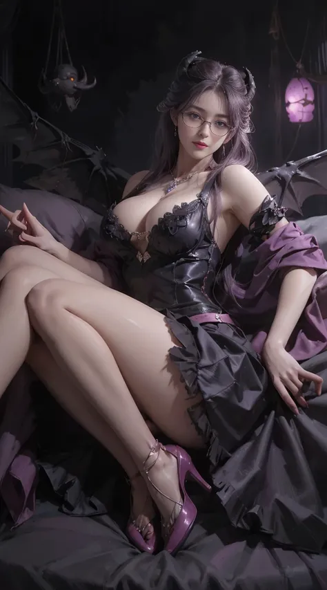 Dark style、Succubus、Devils Daughter、Bat Wings，(((Demon Hornlack-rimmed round glasses))))、(((Colossal tits)))、(Devils Tail),（Woman lying on bed）1 girl, Silver hair, striated hair, Bangs, Blunt bangs, Long hair, Pink hair, aqua eyes, longeyelashes, Purple ey...