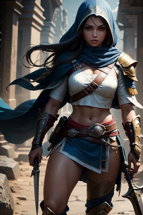 crie uma mulher, 1,78 de altura, medium thighs, medium breasts, pele parda, roupas pretas estilo assasins creed, , olhos vermelhos, cabelos pretos, golden armlets, some golden lines around the forearms, algumas tatuagens tribais em volta das coxas, holding...