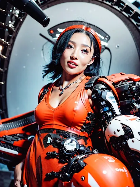 (8k, RAW photo, best quality, masterpiece:1.2), mecha, cyberpunk, ultra-detailed, 1 girl, cute, solo, (nose blush), (smile:1.1), (closed mouth), large breasts, seductive smile, large aperture, professional lighting, Sony A7R4, Zessie 50mm F1.8, medium brea...