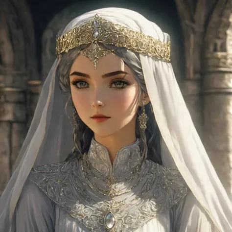 Gondorian women in a almost gothic quasi byzantine gown a white silver or pale gray with intricate detail wearing a pale filmy headveil with small somewhat simple design silver slender circlet around itkinda anime looks fee