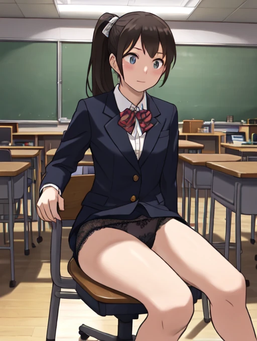 gentleman、Office Suits、Side Ponytail, , classroom, mechanical、Chair、Sitting,  Lace panties, Tight mini skirt, masterpiece, Highest quality  