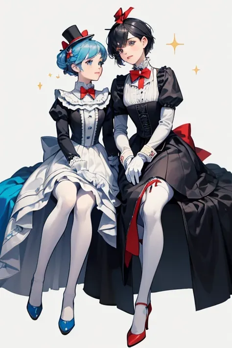 Pip and Dot are a living domino with Pip on the top wearing a blue 19th century style Stovepipe hat, along with black sleeves and white gloves and Dot on the bottom wearing a gray skirt and red heels with white stockings. The two halves also share a red bo...