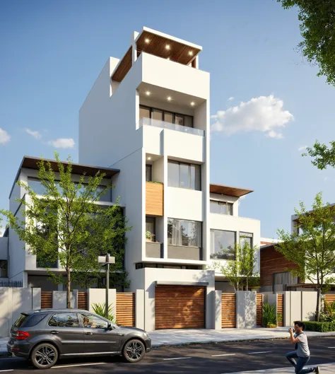 townhouse, (modern style:1.2), open roof top sky, exterior design, perspective view, (white wall:1.3), (block sidewalks and asph...