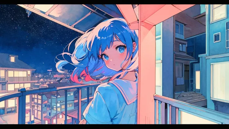 (praise), Anime girl looking at the sky from the balcony of an old house, Lo-fi image,Retro, flat,2.5D, Night Light, Rooftop view, Neonscape, Beautiful colorful night sky,performer ,Analog Color Theme, Fantasy ,Line art, Ink drawing, Big incline, watercolo...